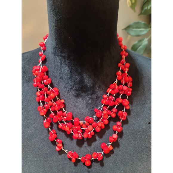 Women's Red Beaded Multi Strand Necklace With Lobster Clasp Handmade Jewelry - Picture 1 of 6